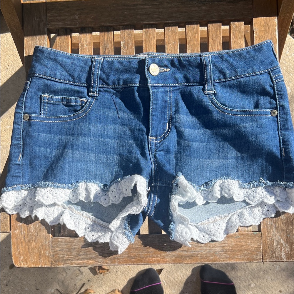 Blue Denim Lace Trim Women's Shorts